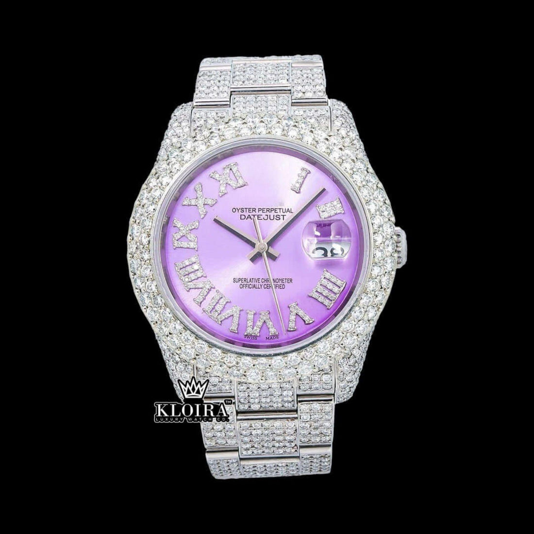 Roman Numerals Lavender Dial Full Iced Out Moissanite Watch Front View