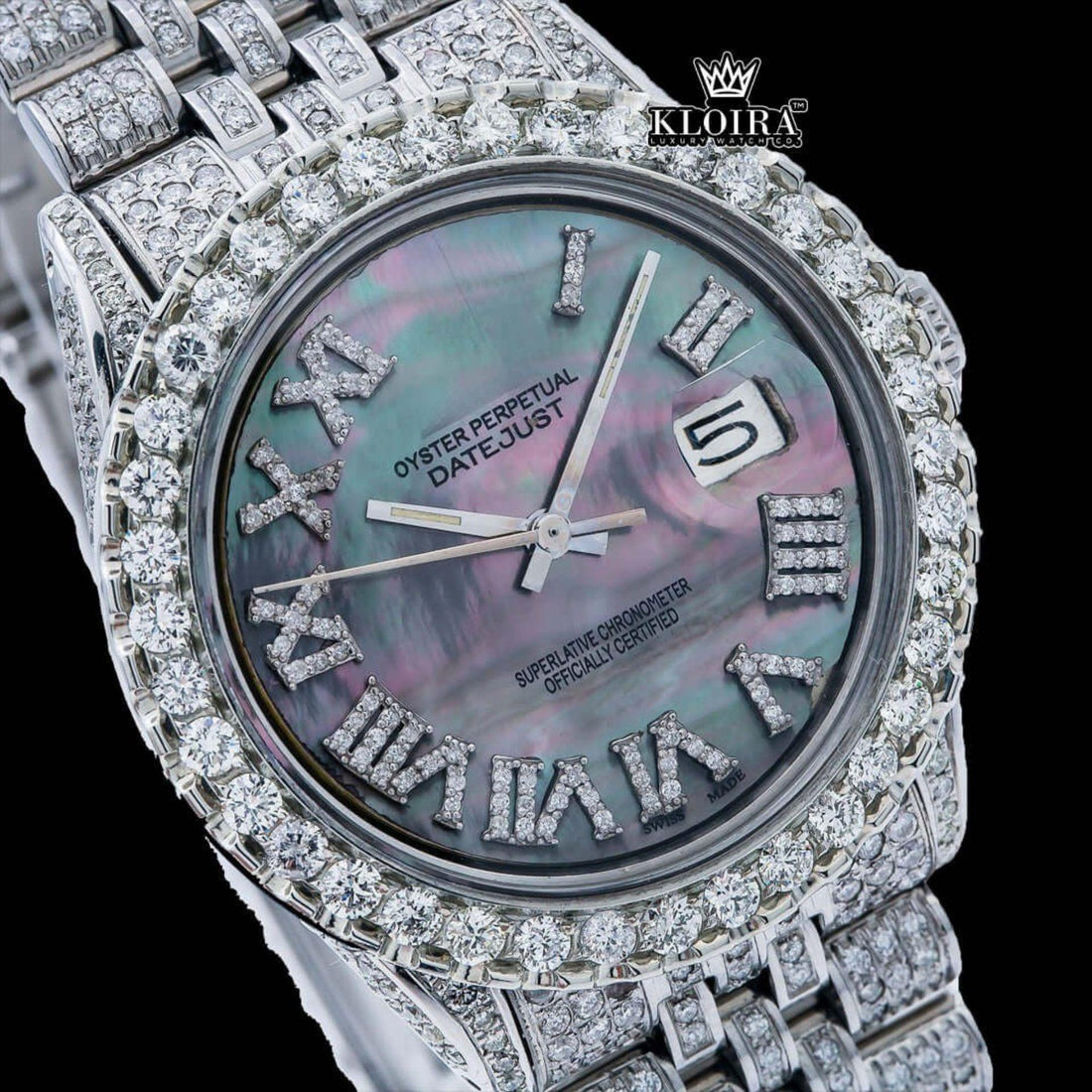 Roman Numerals Pearl Tone Dial Fully Iced Out Moissanite Watch Front View