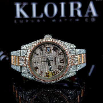 Roman Numerals Rose Gold Dial Two Tone Iced Out Moissanite Watch Front View