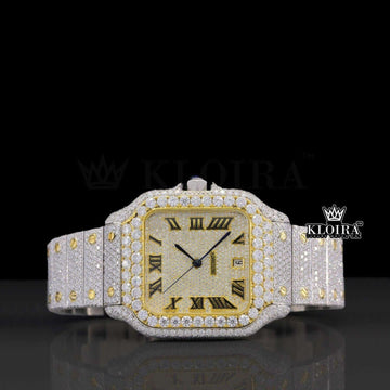 Roman Numerals Two Tone Yellow Dial Iced Out Moissanite Diamond Watch Front View