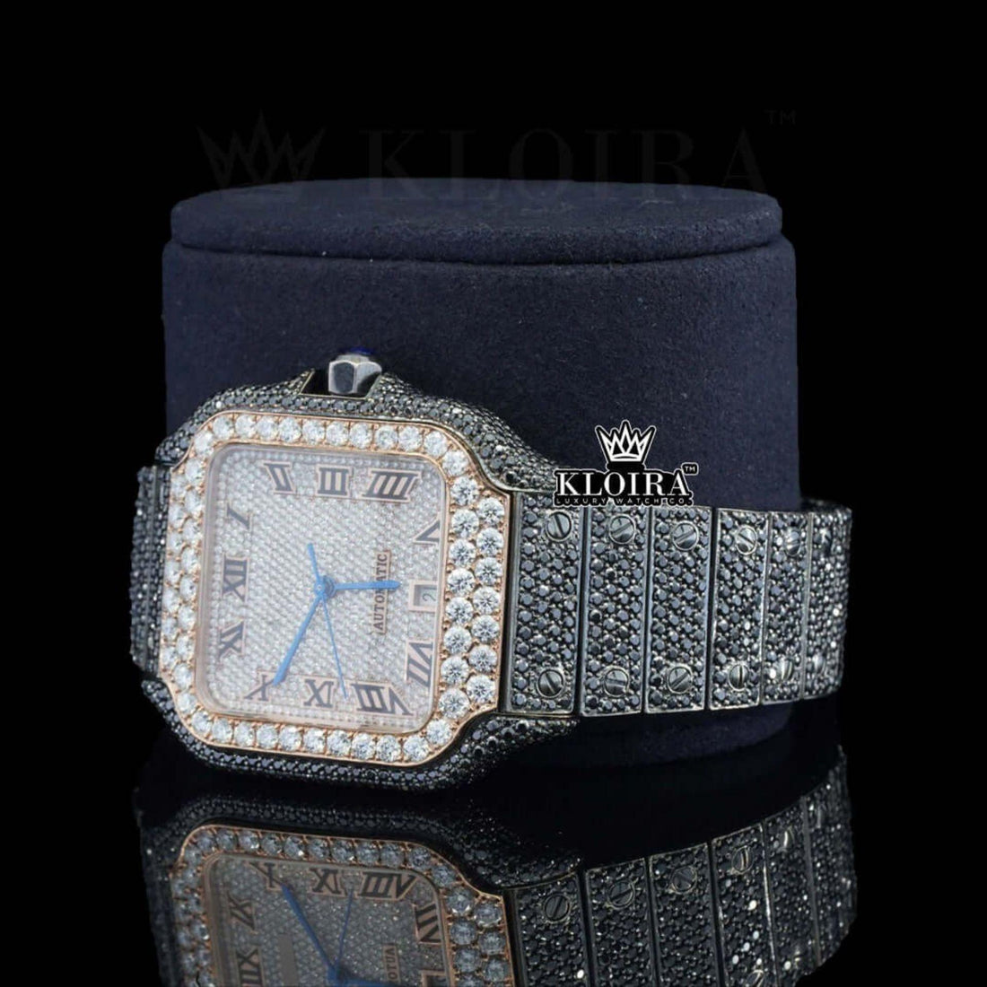 Roman Numerals White Dial Black Iced Out Moissanite Diamond Watch Front View