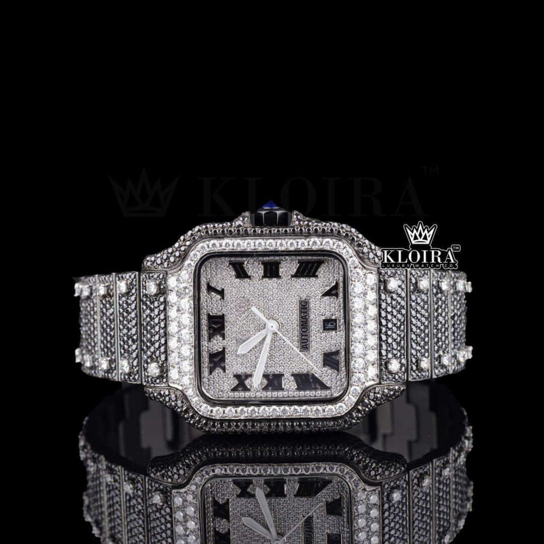 Roman Numerals White Dial Black Moissanite Diamond Watch Front View