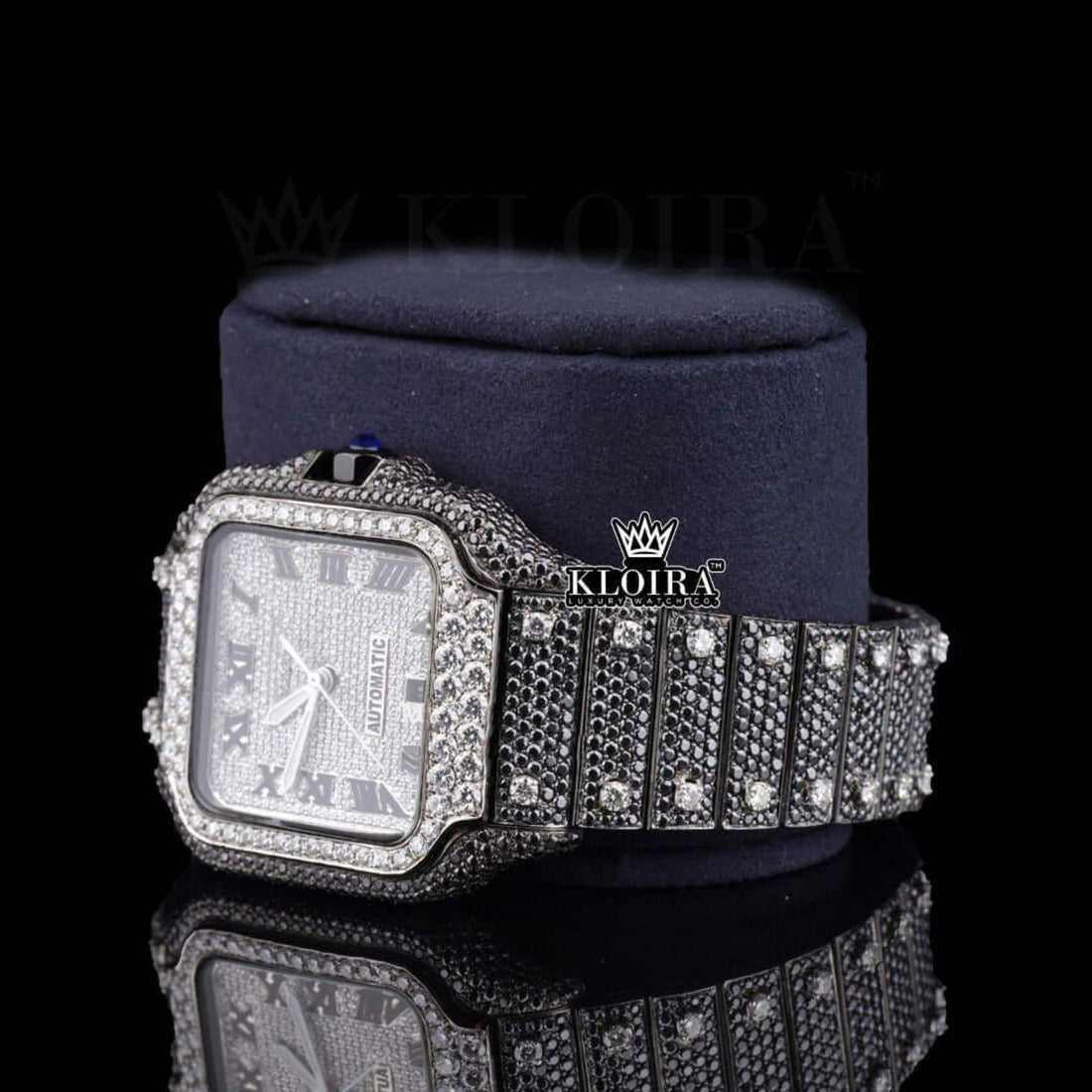 Roman Numerals White Dial Black Moissanite Diamond Watch Front View