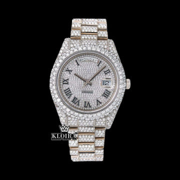 Roman Numerals White Dial Day-Date Display Fully Iced Out Moissanite Watch Front View