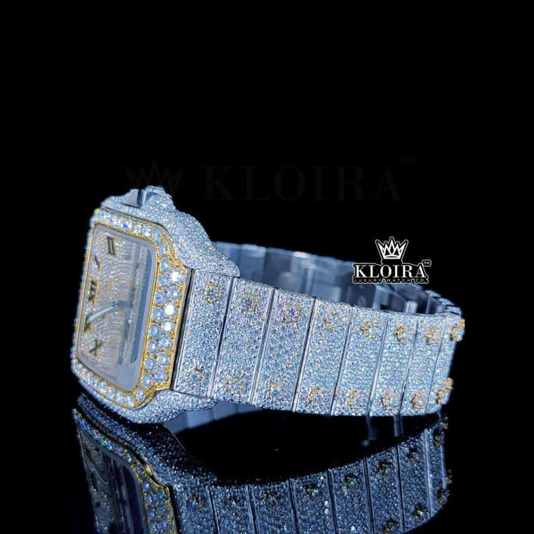 Roman Numerals Yellow Dial Two Tone Iced Out Moissanite Watch Front View