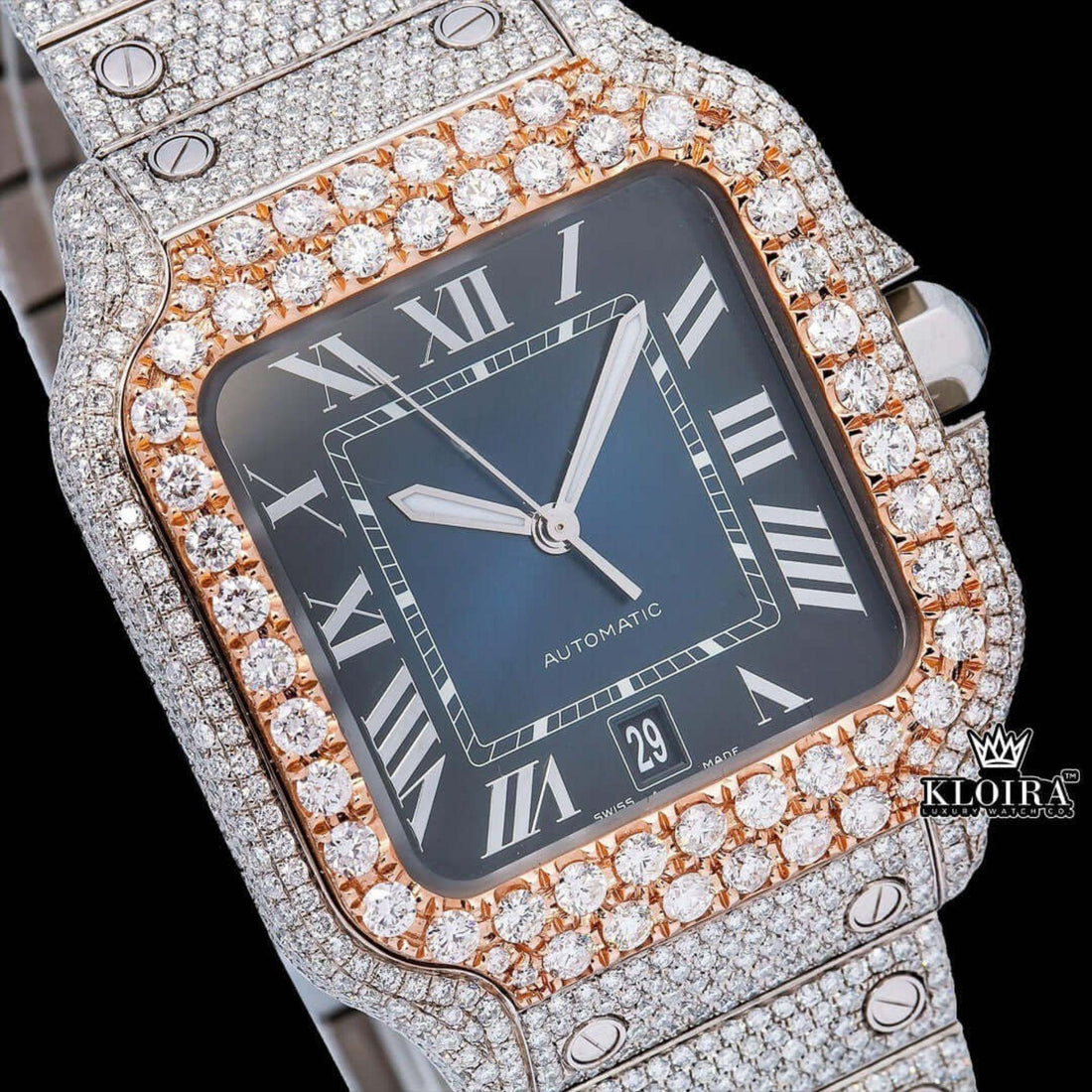 Rose Gold Bezel Blue Roman Dial Two Tone Moissanite Watch Front View