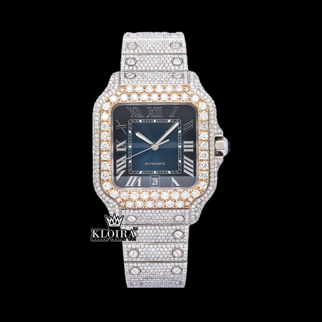 Rose Gold Bezel Blue Roman Dial Two Tone Moissanite Watch Front View