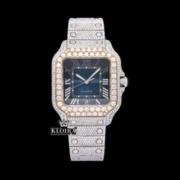 Rose Gold Bezel Blue Roman Dial Two Tone Moissanite Watch Front View