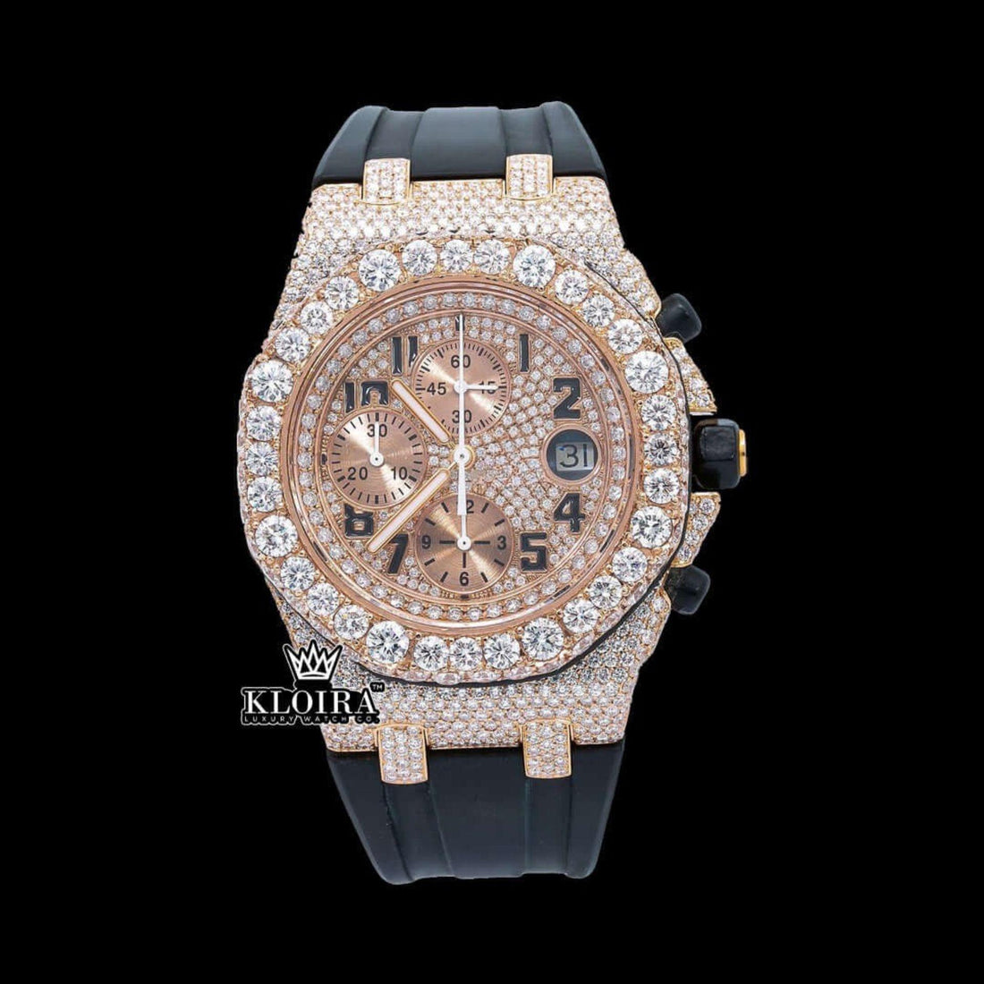 Rose Gold Dial Black Rubber Strap Moissanite Diamond Watch Front View