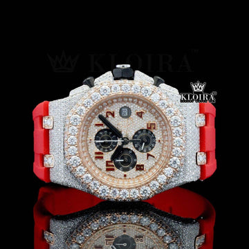 Rose Gold Dial Chronograph Red Rubber Strap Moissanite Diamond Watch Front View