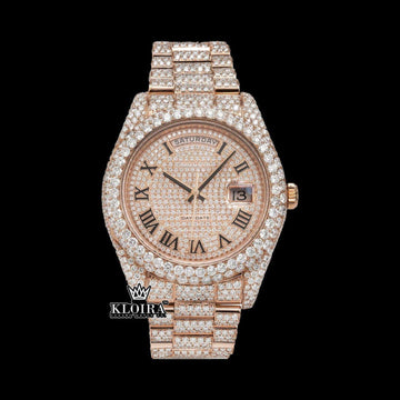 Rose Gold Dial Roman Numerals Fully Iced Out Moissanite Diamond Watch Front View