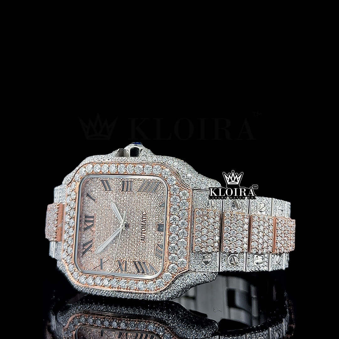 Rose Gold Roman Dial Two Tone Block Link Strap Moissanite Watch Front View