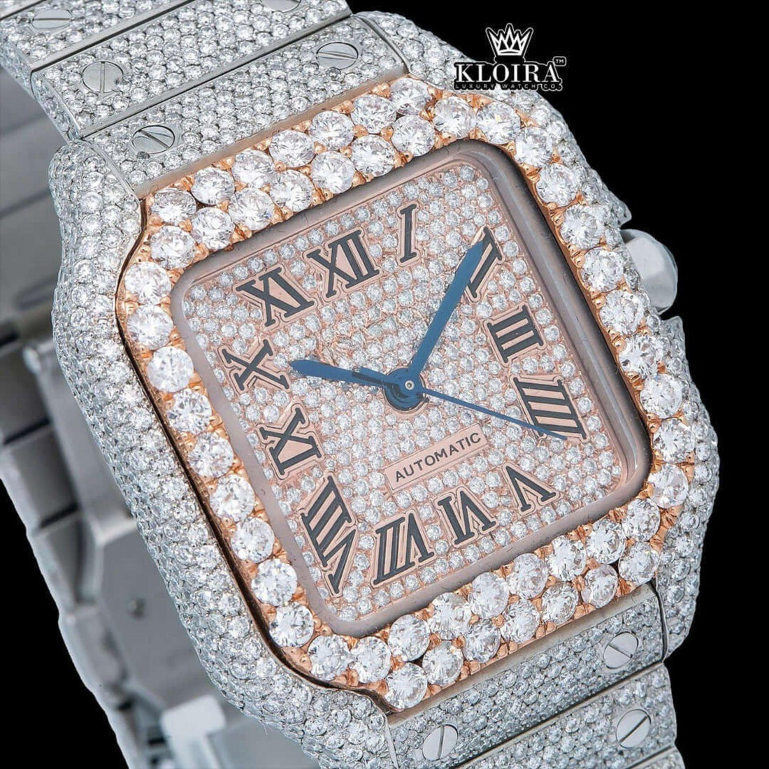 Rose Gold Square Roman Dial Two Tone Moissanite Watch Front View
