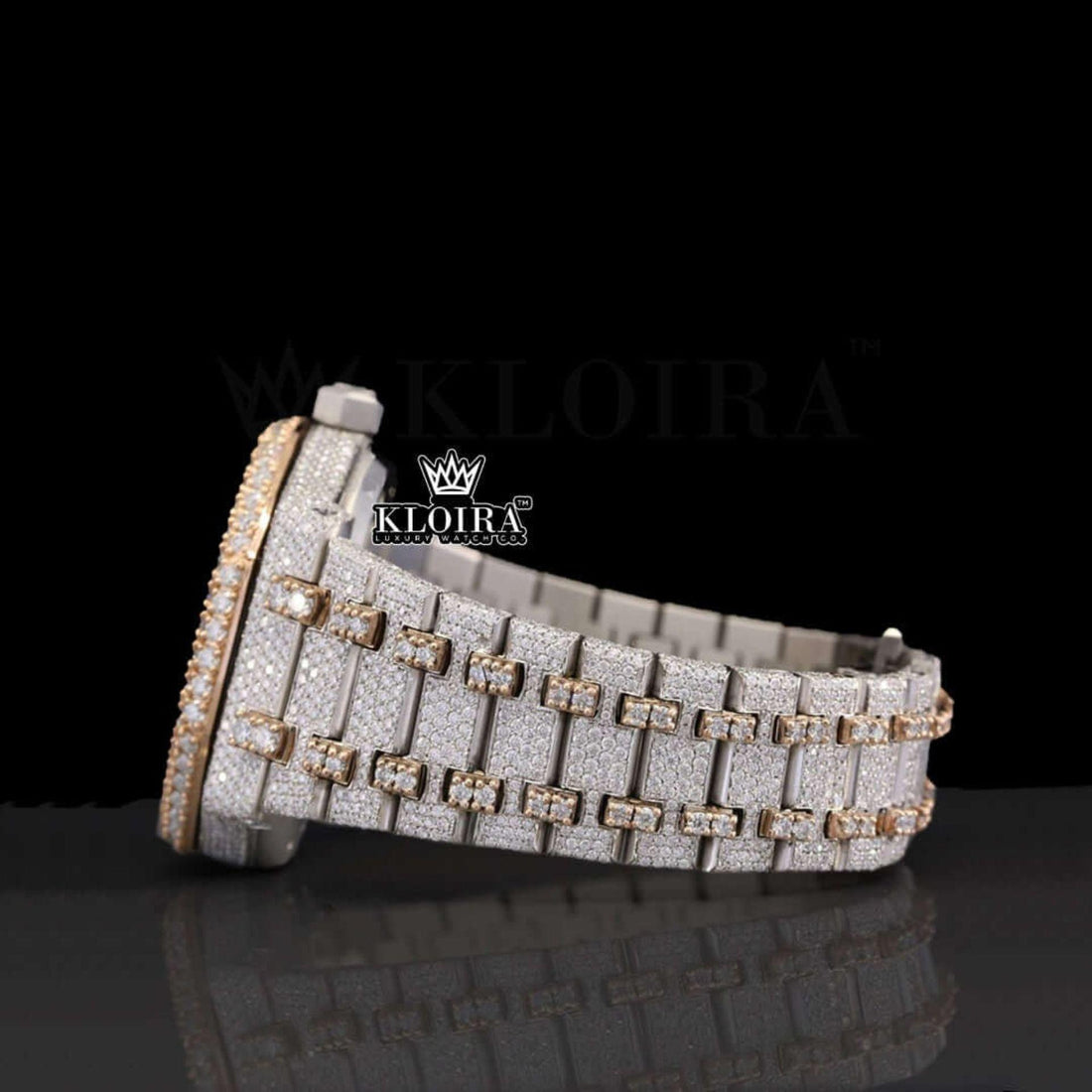 Rose Gold Two Tone Fully Iced Out Moissanite Diamond Watch Front View