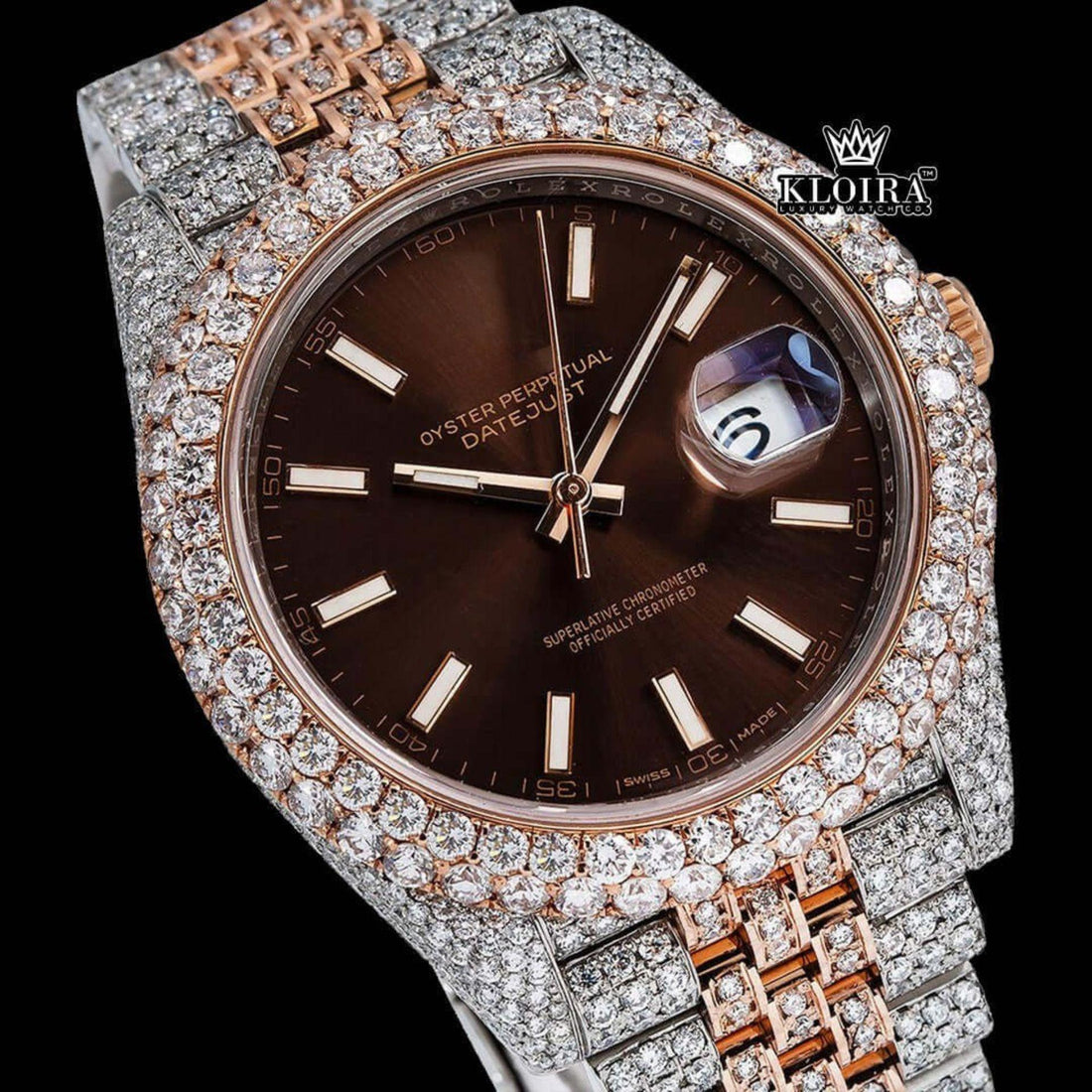 Rose Gold Two Tone Iced Out Brown Dial Moissanite Diamond Watch Front View