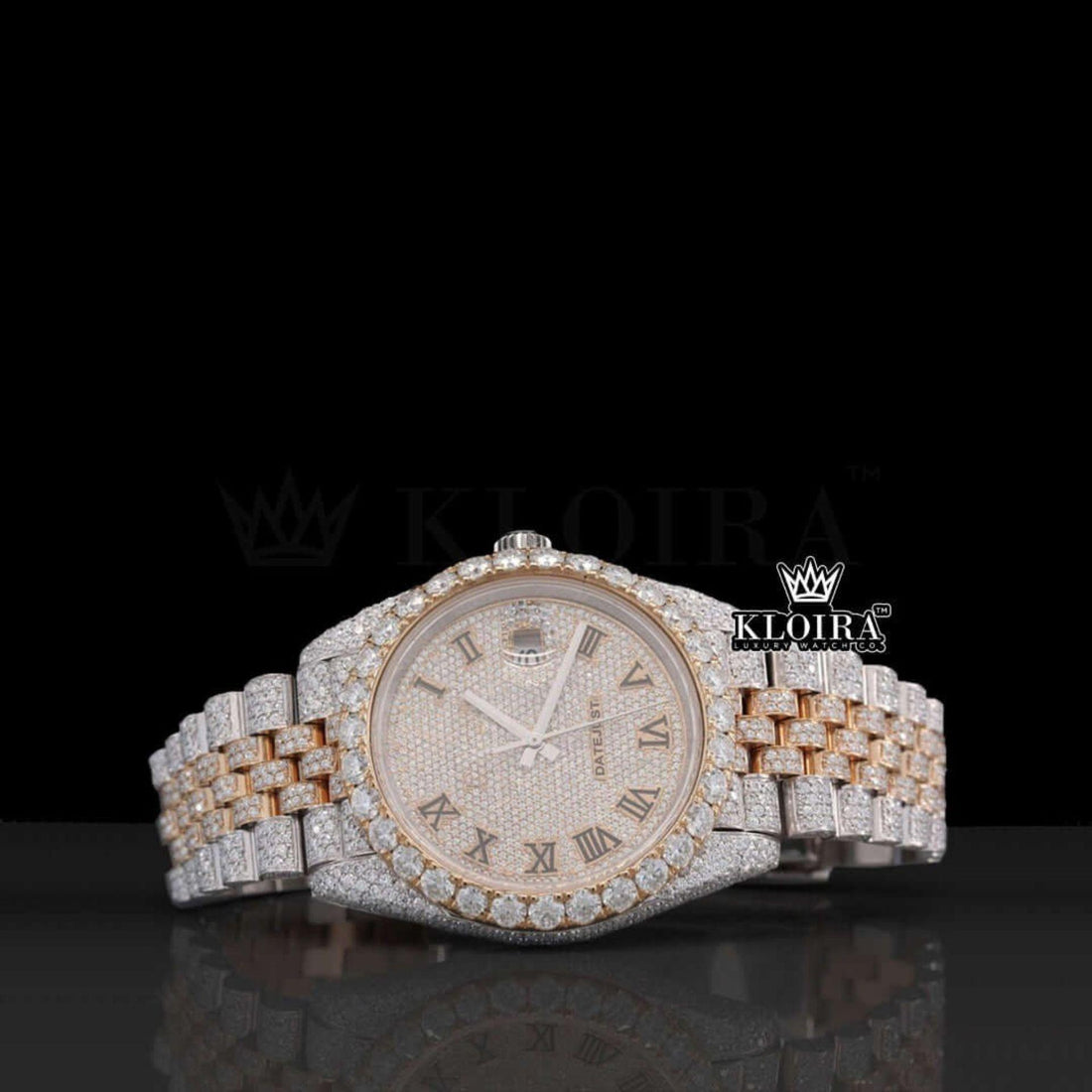 Rose Gold Two Tone Roman Numerals Iced Out Lab-Grown Diamond Watch Front View