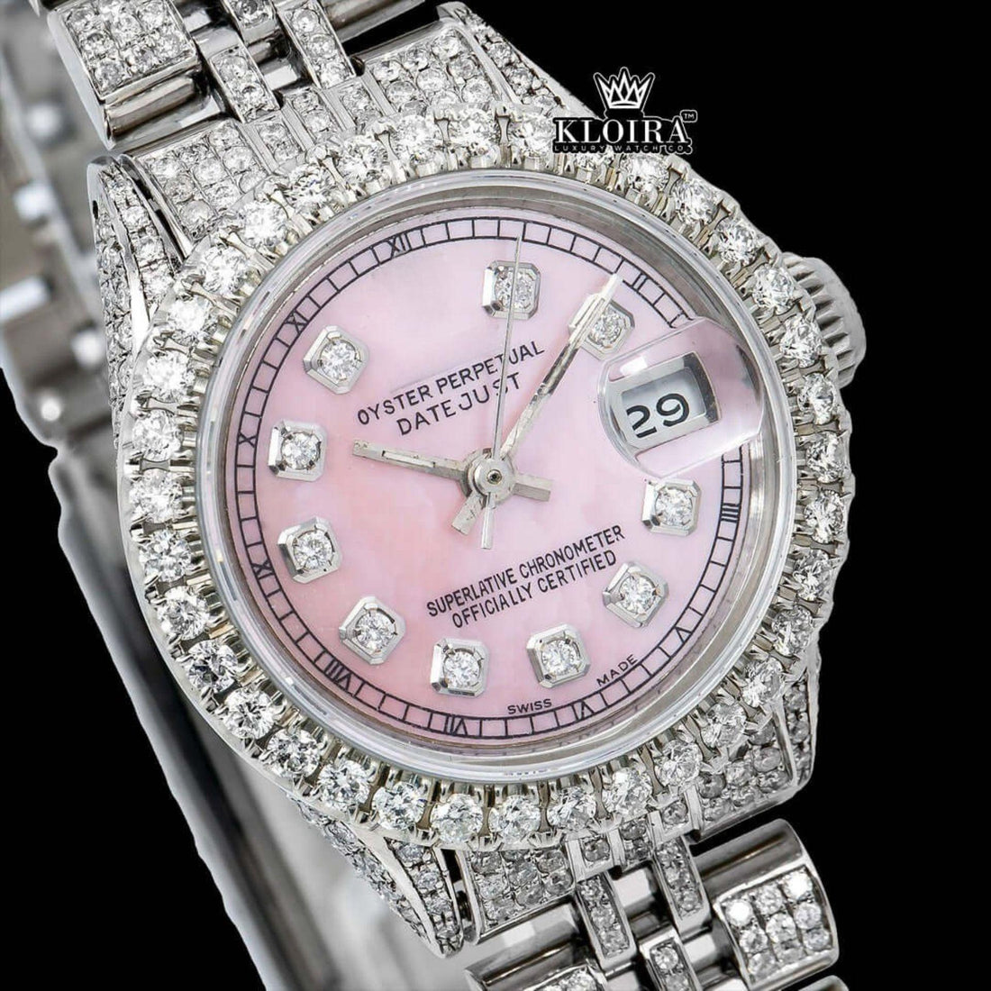 Rose Pink Dial Diamond Markers Moissanite Diamond Watch Front View