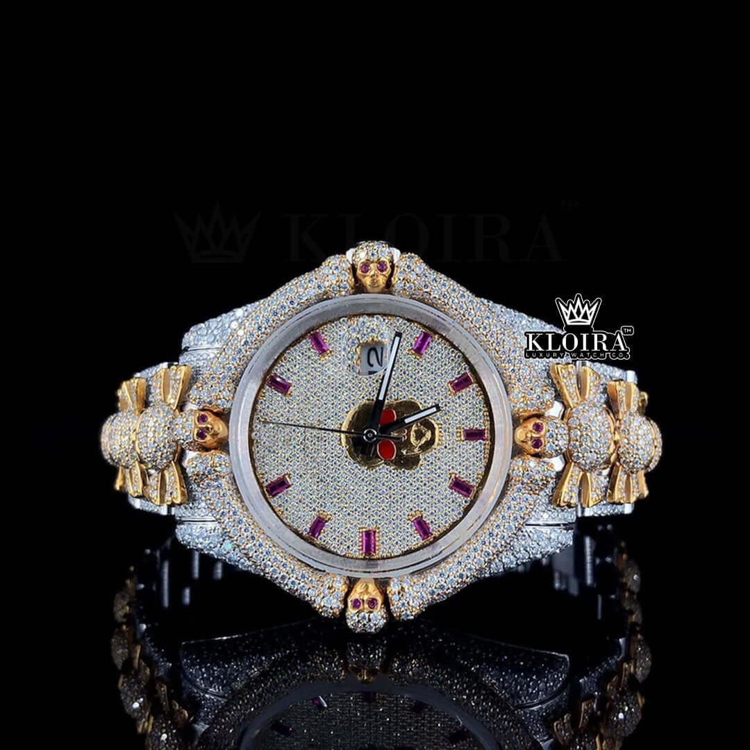Ruby Markers Skull Dial Full Iced Out Moissanite Diamond Watch Front View