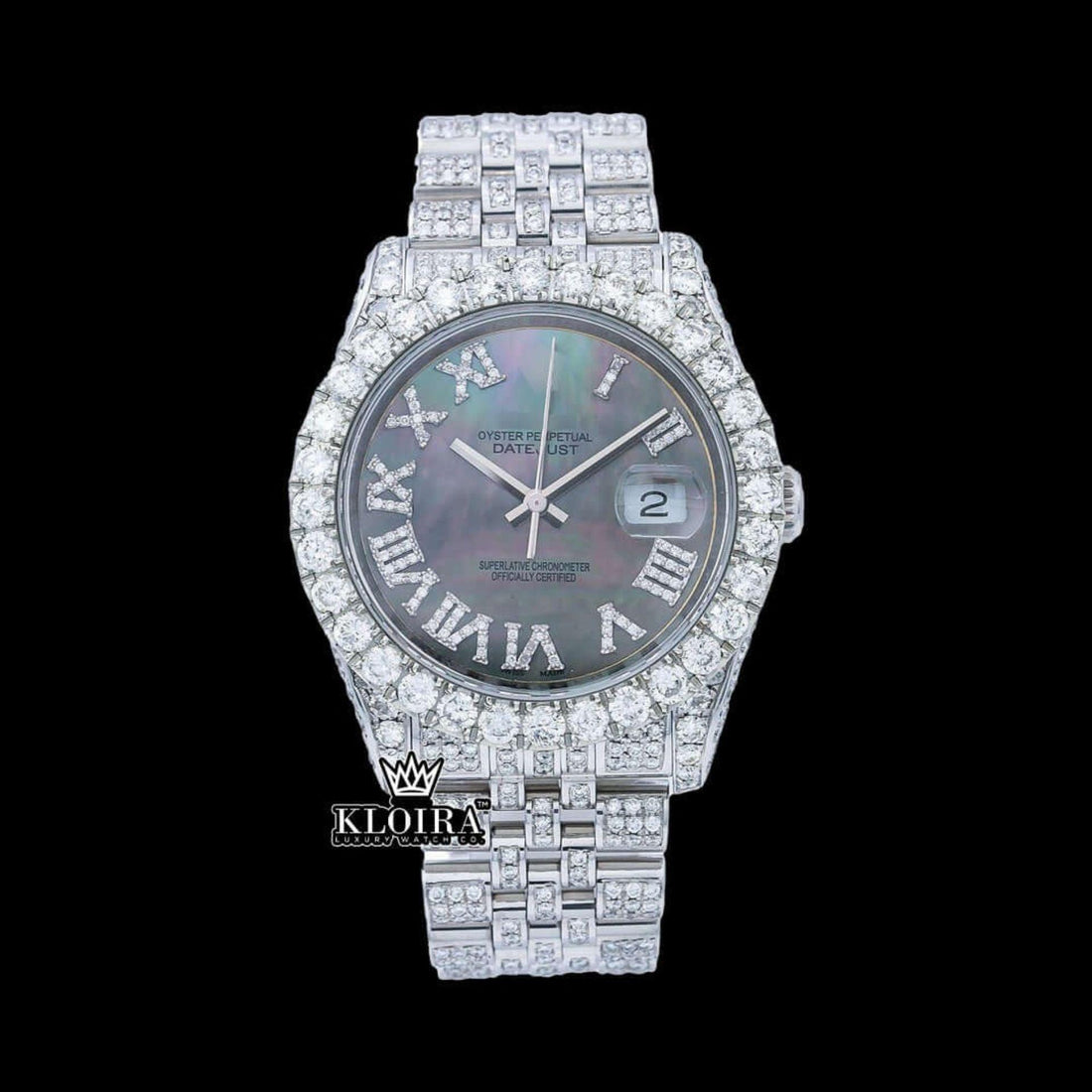 Silver Roman Numerals Black Pearl Dial Moissanite Diamond Watch Front View