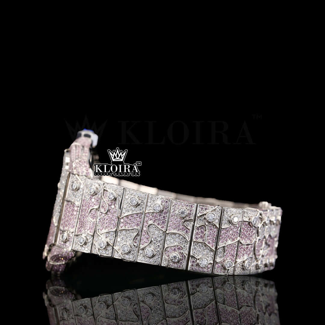 Skeleton Dial Pink Camouflage Iced Out Strap Natural Diamond Watch Front View