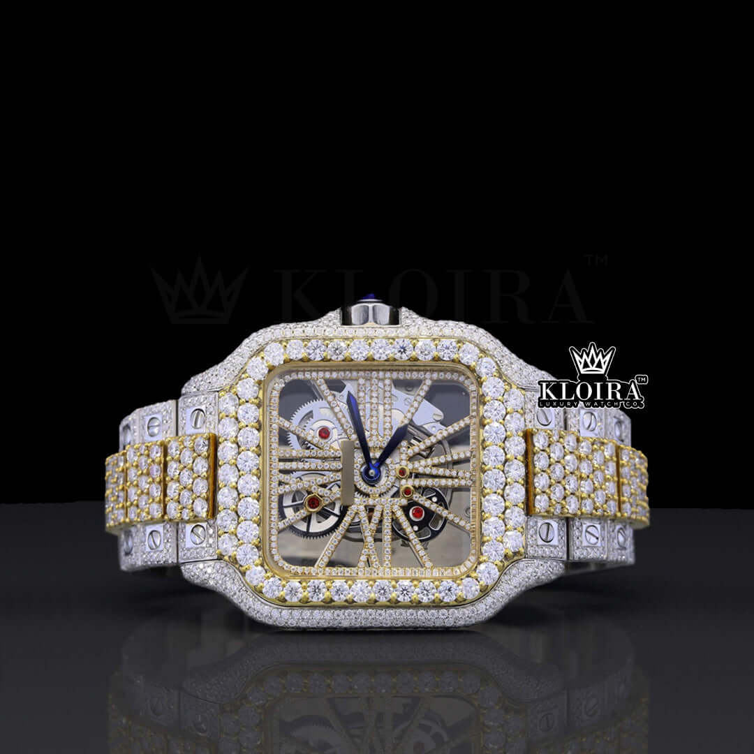 Skeleton Dial Two Tone Yellow Gold Block Link Strap Lab-Grown Diamond Watch Front View