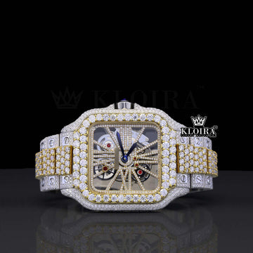 Skeleton Dial Two Tone Yellow Gold Block Link Strap Lab-Grown Diamond Watch Front View