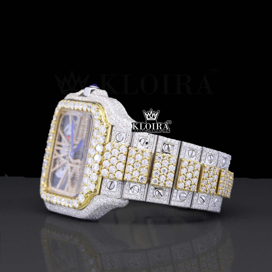 Skeleton Dial Two Tone Yellow Gold Block Link Strap Lab-Grown Diamond Watch Front View