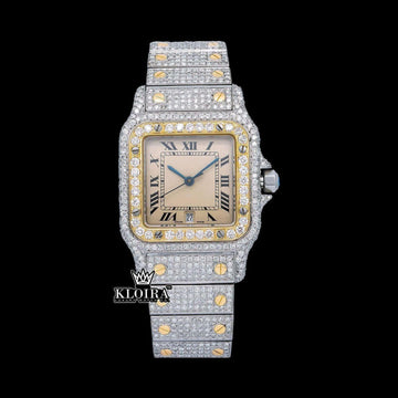 Square Dial Black Roman Numerals Two Tone Moissanite Watch Front View