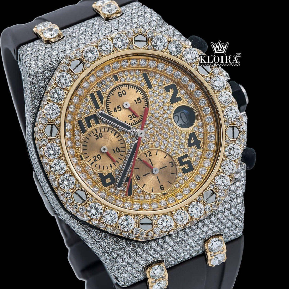 Standard Numerals Chronograph Dial Semi Iced Out Rubber Strap Moissanite Watch Front View