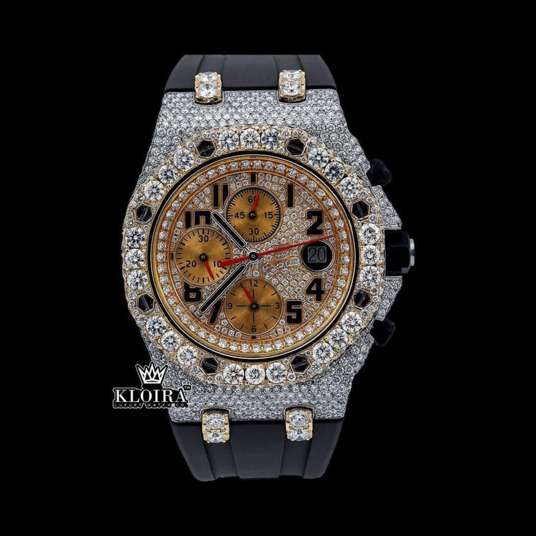 Standard Numerals Chronograph Dial Semi Iced Out Rubber Strap Moissanite Watch Front View