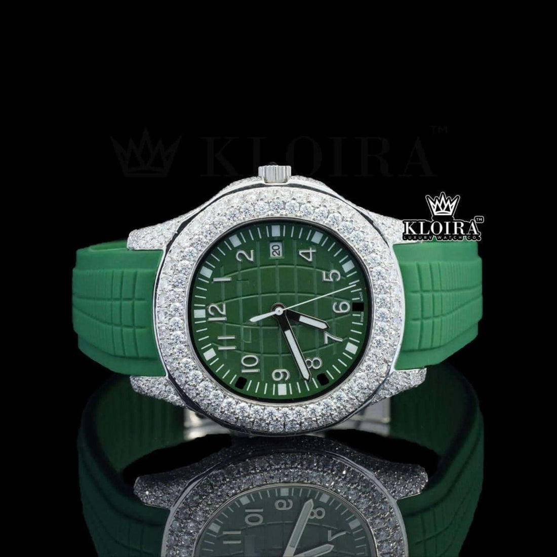 Standard Numerals Green Dial Semi Iced Out Rubber Strap Moissanite Watch Front View