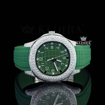 Standard Numerals Green Dial Semi Iced Out Rubber Strap Moissanite Watch Front View