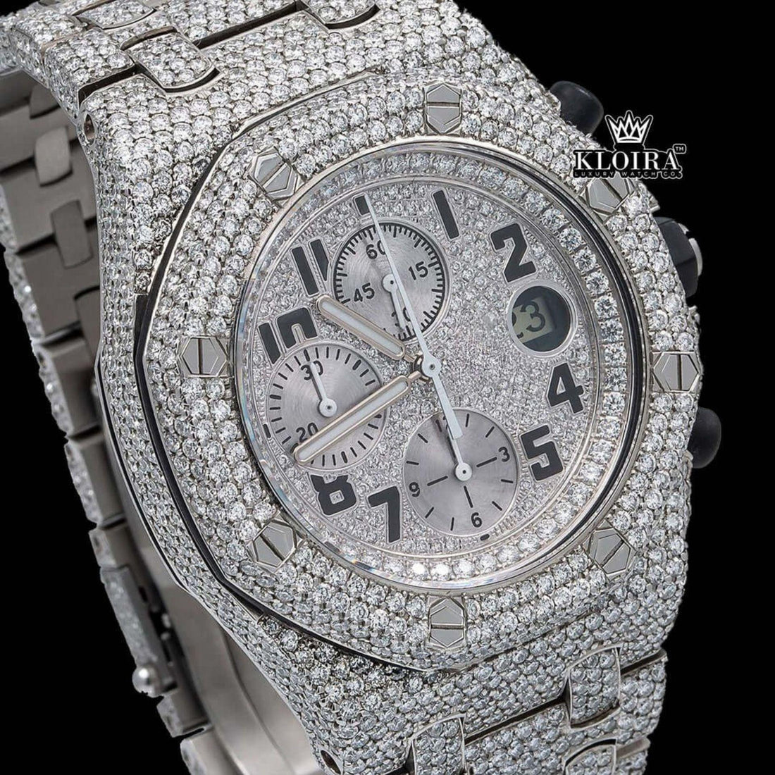 Standard Numerals Silver Chronograph Iced Out Moissanite Diamond Watch Front View