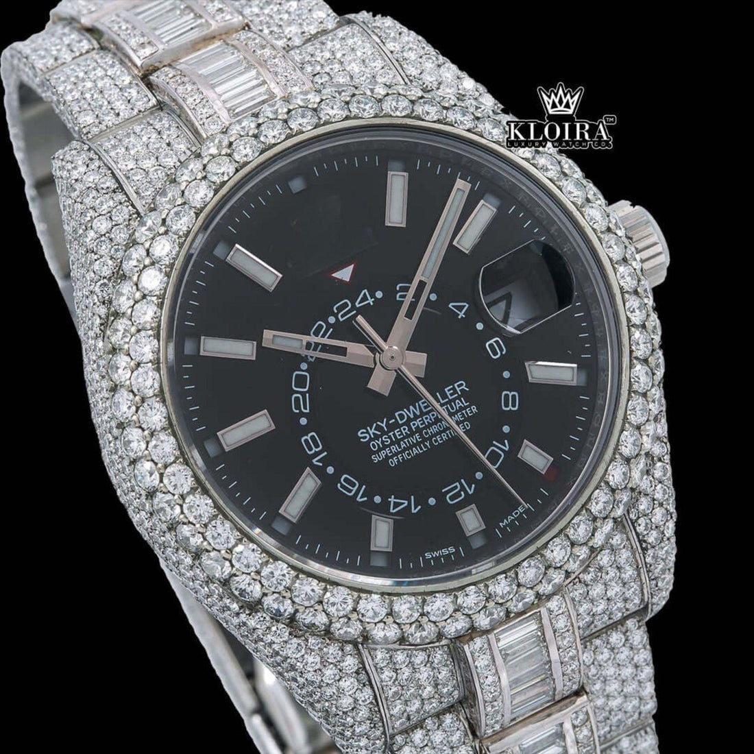 Stick Markers Black Dial Dual Time Fully Iced Out Moissanite Diamond Watch Front View