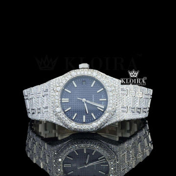 Stick Markers Blue Dial Full Iced Out Moissanite Watch Front View