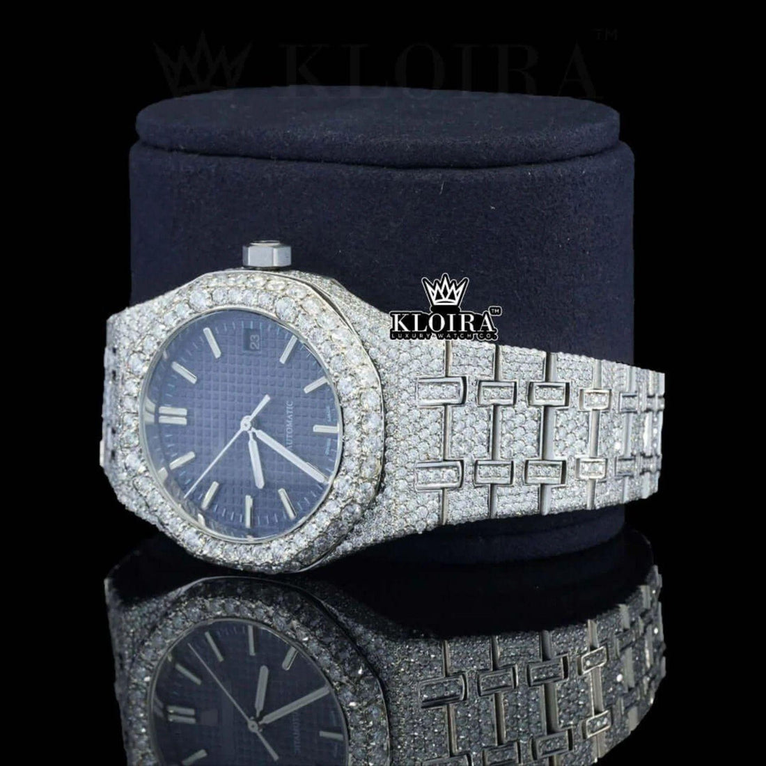 Stick Markers Blue Dial Full Iced Out Moissanite Watch Front View