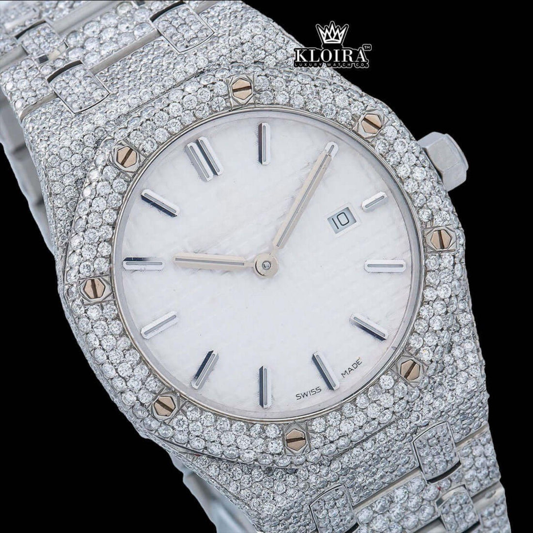 Stick Markers White Dial Full Iced Out Moissanite Diamond Watch Front View