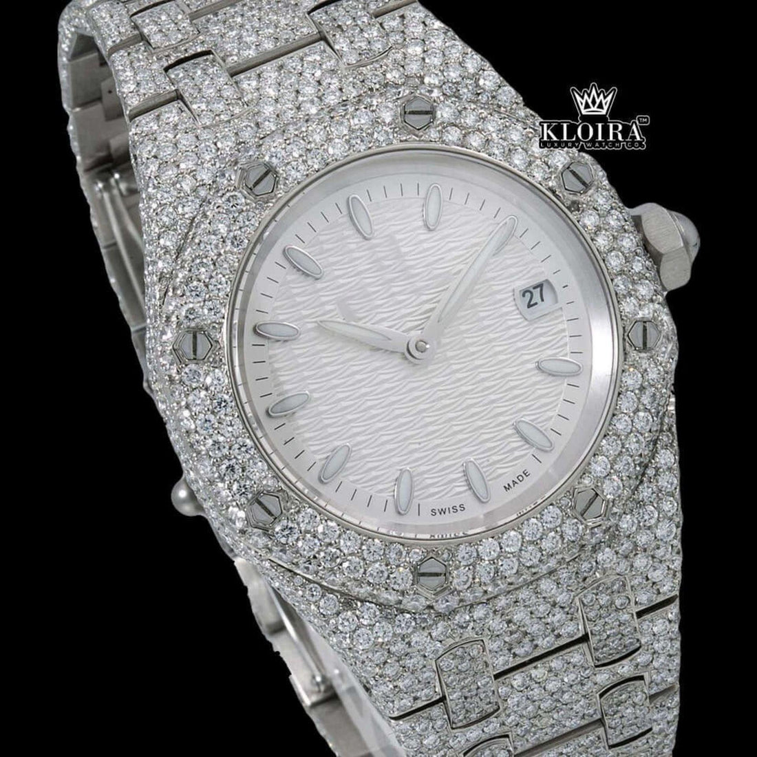 Stick Markers White Dial Fully Iced Out Moissanite Diamond Watch Front View