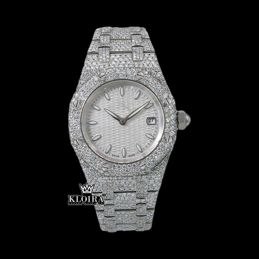 Stick Markers White Dial Fully Iced Out Moissanite Diamond Watch Front View