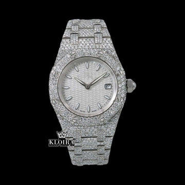 Stick Markers White Dial Fully Iced Out Moissanite Diamond Watch Front View