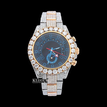 Two Tone Chronograph Blue Dial Iced Out Moissanite Diamond Watch Front View