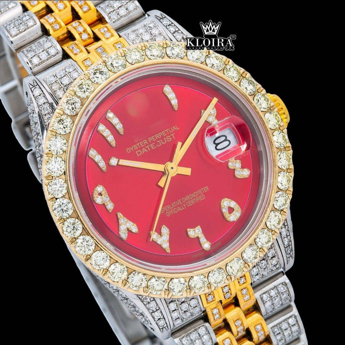 Two Tone Diamond Link Strap Arabic Numerals Red Dial Moissanite Watch Front View