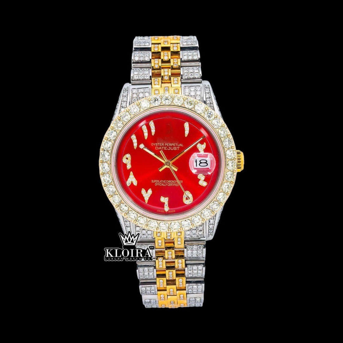 Two Tone Diamond Link Strap Arabic Numerals Red Dial Moissanite Watch Front View