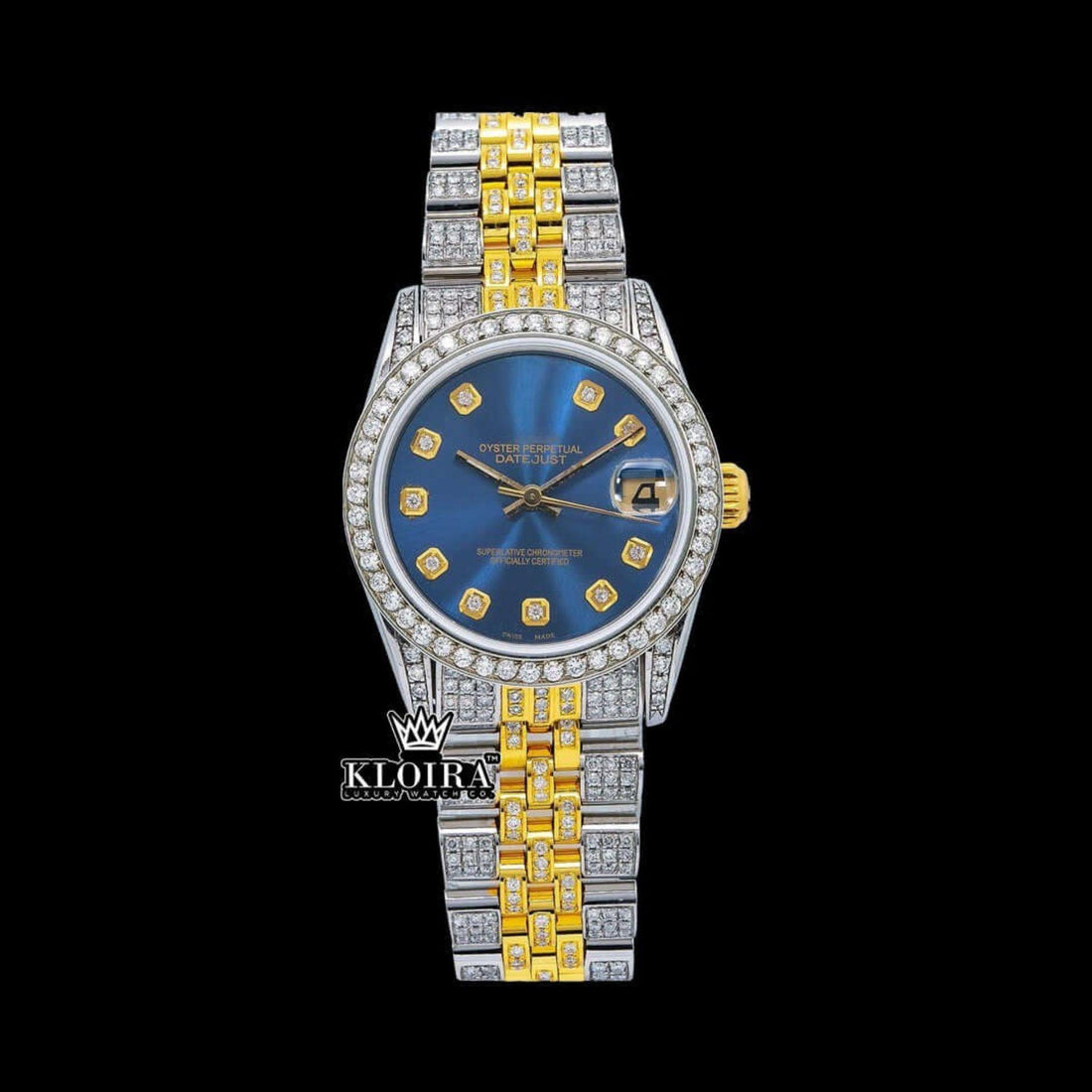 Two Tone Diamond Markers Blue Dial Iced Out Moissanite Diamond Watch Front View