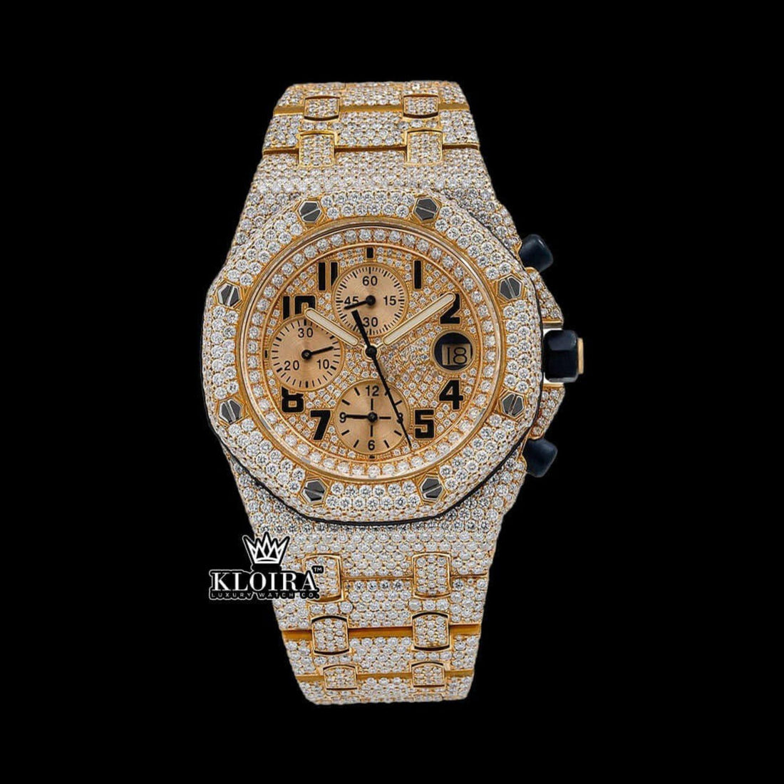 Two Tone Iced Out Chronograph Moissanite Diamond Watch Front View