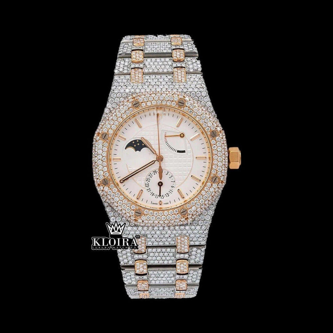 Two Tone Moonphase White Dial Fully Iced Out Moissanite Diamond Watch Front View