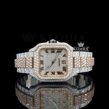Two Tone Roman Numerals Yellow White Dial Moissanite Diamond Watch Front View