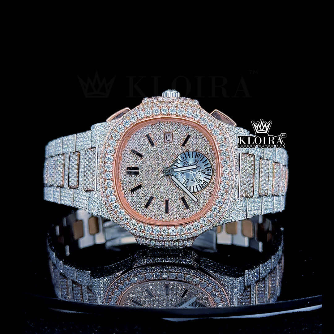 Two Tone Rose Gold Chronograph Moissanite Diamond Watch Front View