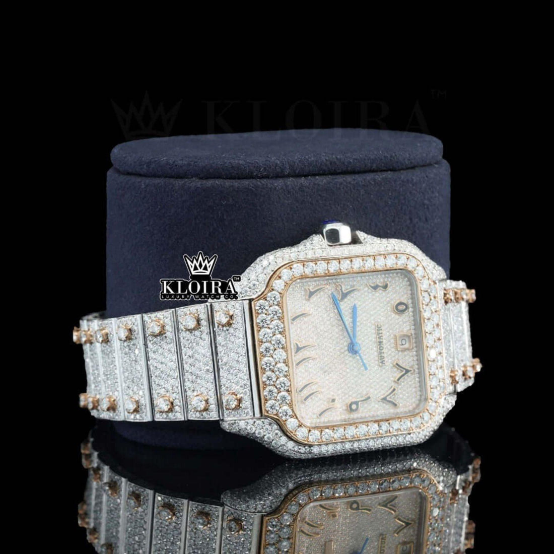 Two Tone Rose Gold Dial Arabic Numerals Moissanite Diamond Watch Front View