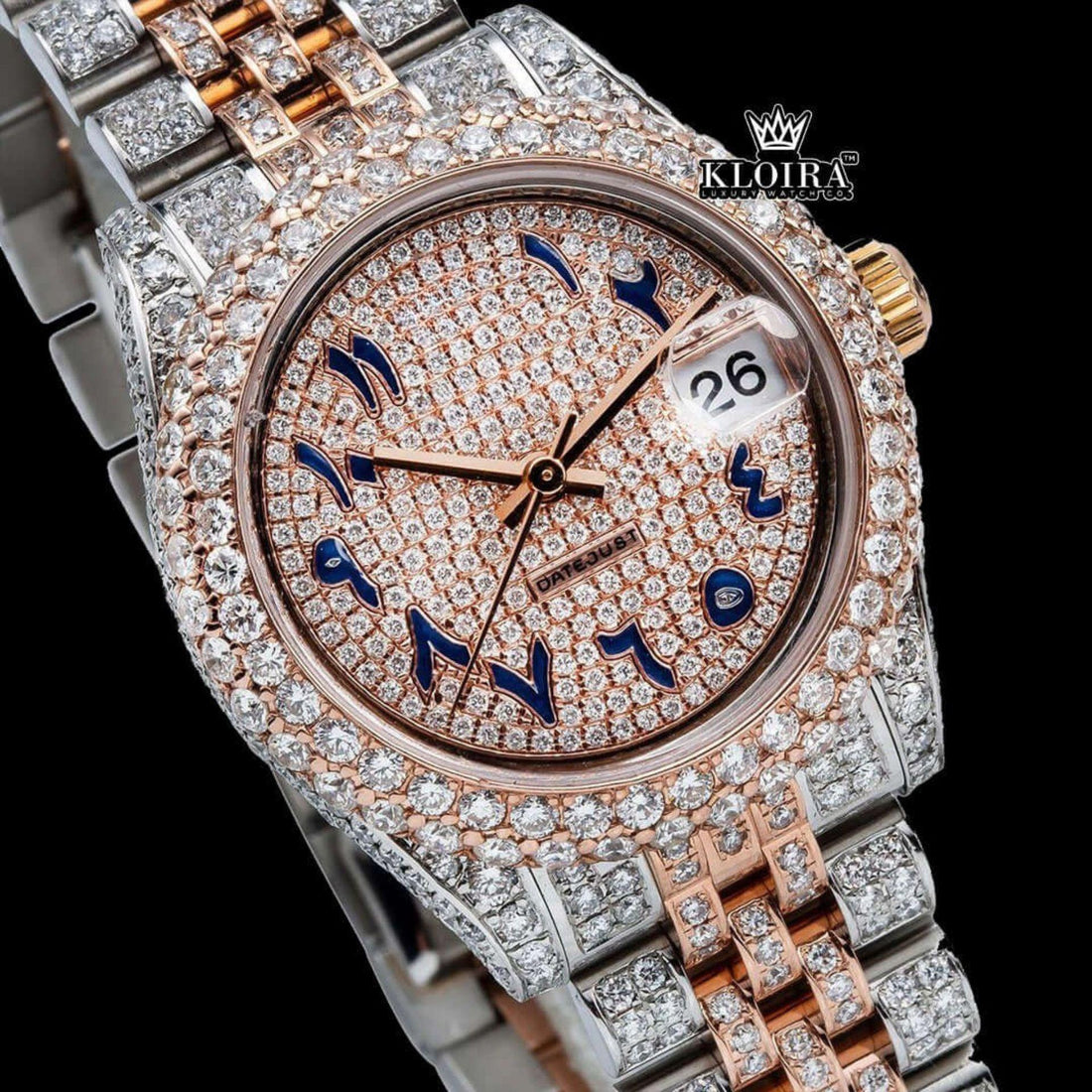 Two Tone Rose Gold Dial Blue Arabic Numerals Moissanite Diamond Watch Front View